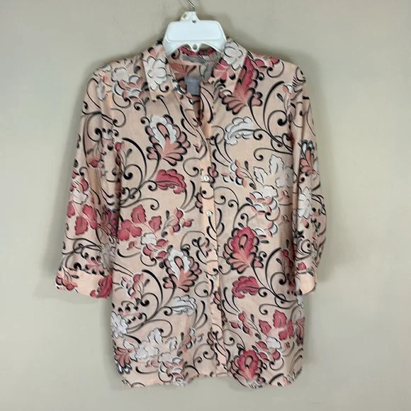 Chico’s Pink Linen Floral Print 3/4 Sleeve No Iron Shirt Top Size 00 (0/2) - Picture 13 of 14